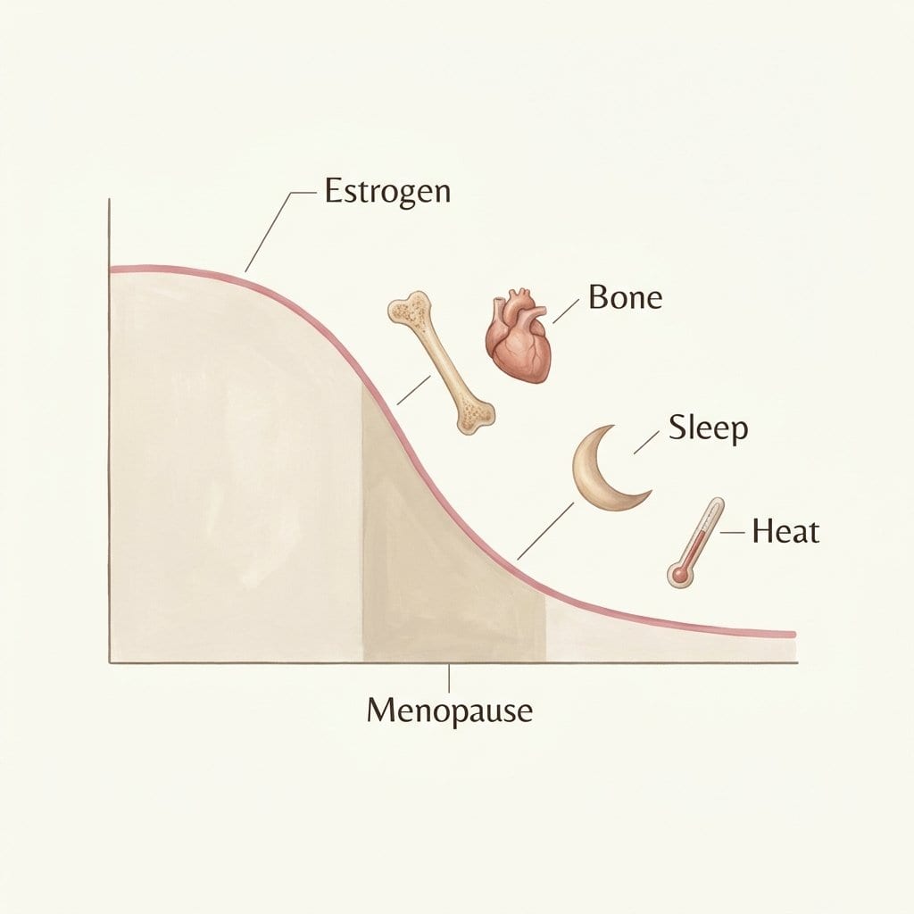 폐경 전후 에스트로겐이 감소하며 생리 주기와 여러 증상에 영향을 주는 흐름